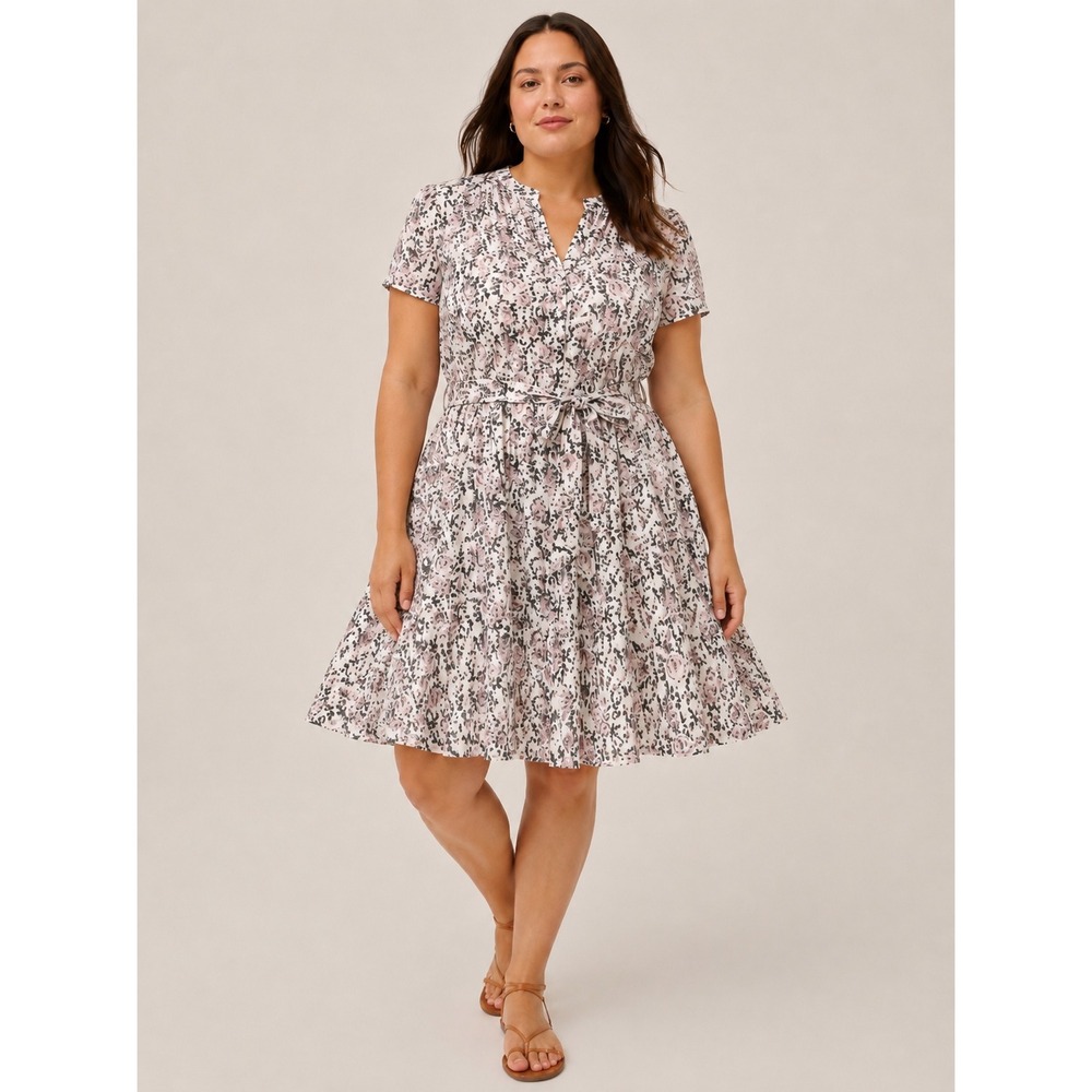 JBS Women Floral Tie Waist Fit and Flare Dress 18W Cottagecore Pink White Summer
